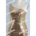 One Shoulder Long Sleeve Gold Sequins Evening Dress See Through Back High Split Evening Gown